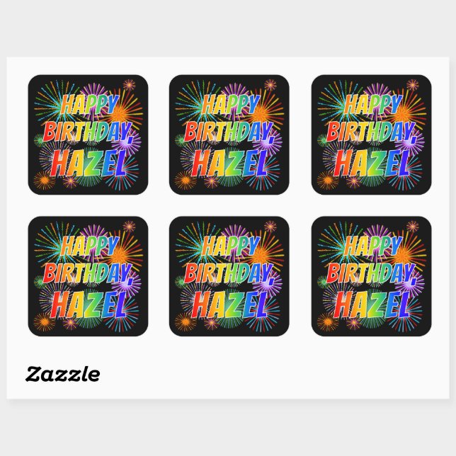 First Name "HAZEL", Fun "HAPPY BIRTHDAY" Square Sticker (Sheet)