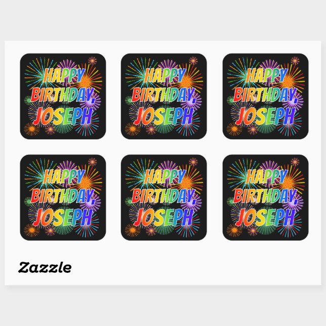 First Name "JOSEPH", Fun "HAPPY BIRTHDAY" Square Sticker (Sheet)