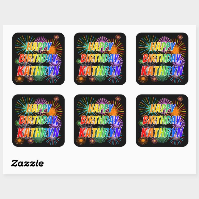 First Name "KATHRYN", Fun "HAPPY BIRTHDAY" Square Sticker (Sheet)