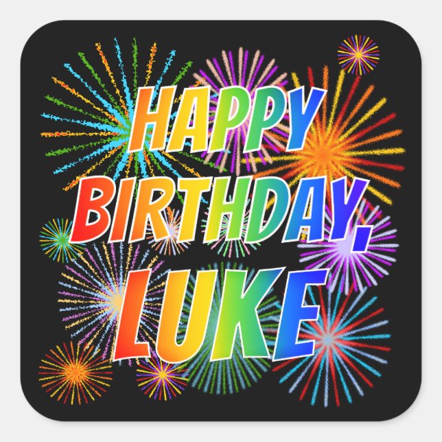 First Name "LUKE", Fun "HAPPY BIRTHDAY" Square Sticker (Front)