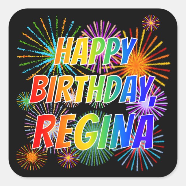First Name "REGINA", Fun "HAPPY BIRTHDAY" Square Sticker (Front)