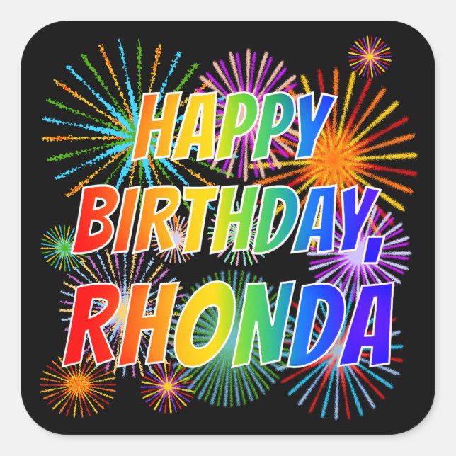 First Name "RHONDA", Fun "HAPPY BIRTHDAY" Square Sticker (Front)