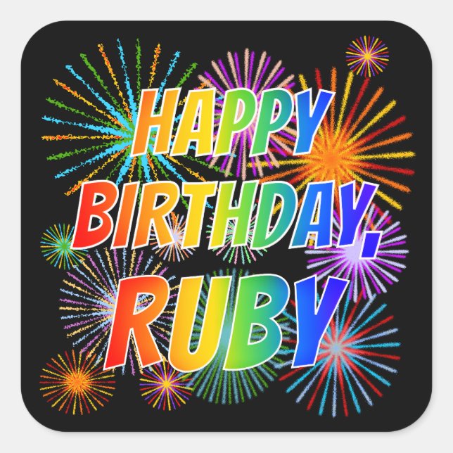 First Name "RUBY", Fun "HAPPY BIRTHDAY" Square Sticker (Front)