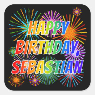 First Name "SEBASTIAN", Fun "HAPPY BIRTHDAY" Square Sticker