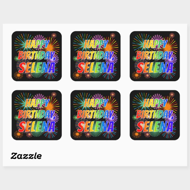 First Name "SELENA", Fun "HAPPY BIRTHDAY" Square Sticker (Sheet)