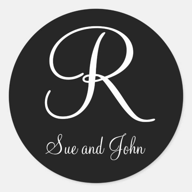 First Names and Last Initial White Monogram R Classic Round Sticker (Front)