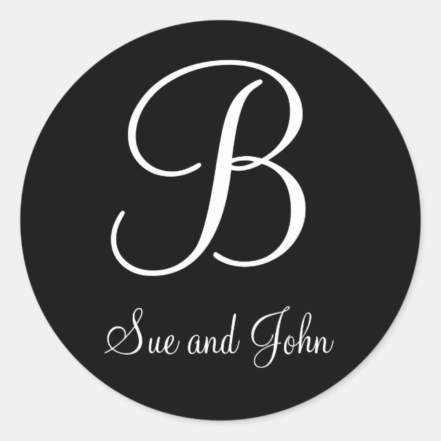 First Names Initial B Black and White Wedding Classic Round Sticker (Front)