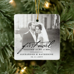 First Noel Old Handwriting Holiday Wedding Photo Ceramic Ornament