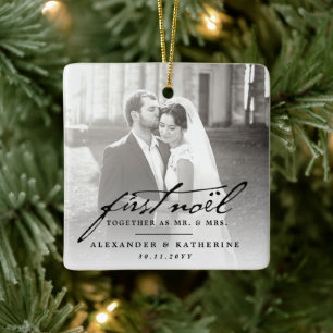 First Noel Old Handwriting Holiday Wedding Photo Ceramic Ornament