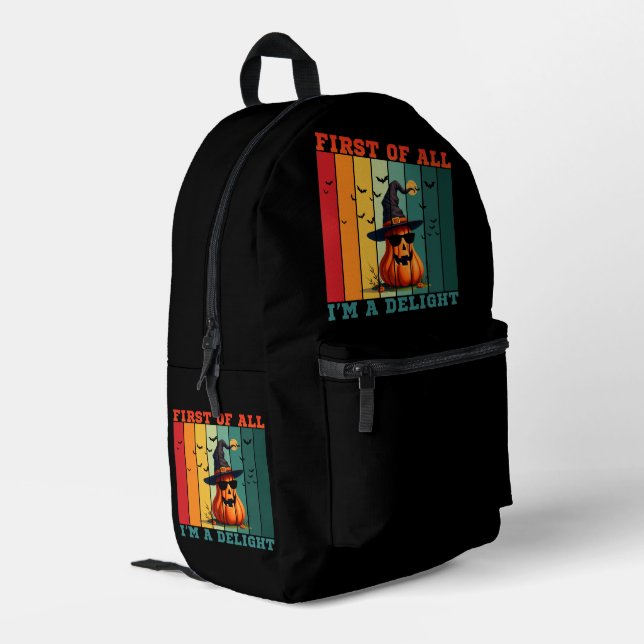 FIRST OF ALL I'M A DELIGHT FUNNY PUMPKIN GIFT PRINTED BACKPACK (Back Corner Left)