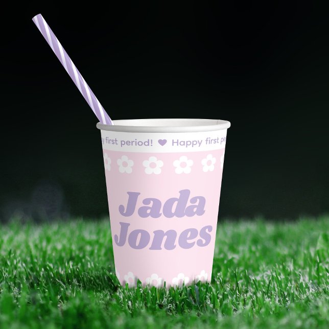 First Period Party Pink Cartoon Flower Pattern Paper Cups (In Situ on grass)