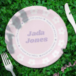 First Period Party Pink Flower Pattern Name Paper Plate<br><div class="desc">Your daughter's first period party will stand out with this cute set of girly paper plates by JessicaAmber. Features an adorable border of cartoon daisy flowers, in white on a pastel pink background. There is also a text border that says 'Happy First Period!', and in the middle of the plate...</div>