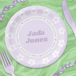 First Period Party Purple Flower Pattern Name Paper Plate<br><div class="desc">Your daughter's first period party will stand out with this cute set of customisable paper plates by JessicaAmber. Features an adorable border of cartoon daisy flowers, in girly pastel purple and white. There is also a text border that says 'Happy First Period!', and in the middle of the plate you...</div>