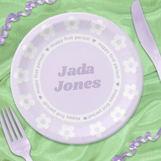 First Period Party Purple Flower Pattern Name Paper Plate