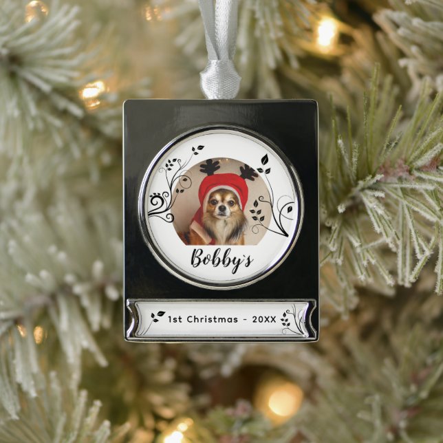 First Puppy Christmas Black Foliage Dog Name Photo Silver Plated Banner Ornament (Tree)