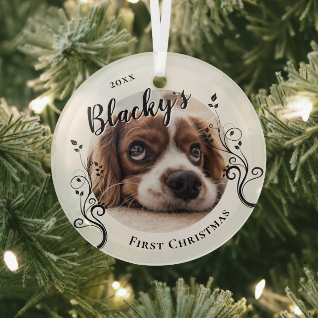 First Puppy Christmas Foliage Dog Name Photo  Glass Tree Decoration (Insitu)