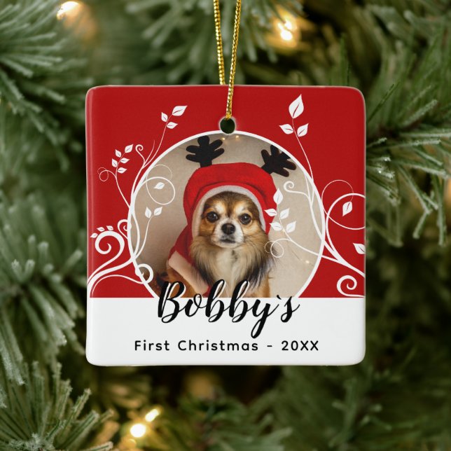 First Puppy Christmas Foliage Dog Name Photo Red  Ceramic Ornament (Tree)