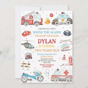First Responders Emergency Vehicles Birthday Invitation