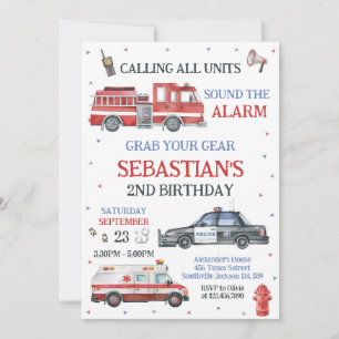 First Responders Emergency Vehicles Birthday  Invitation