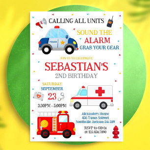 First Responders Emergency Vehicles Birthday Invitation