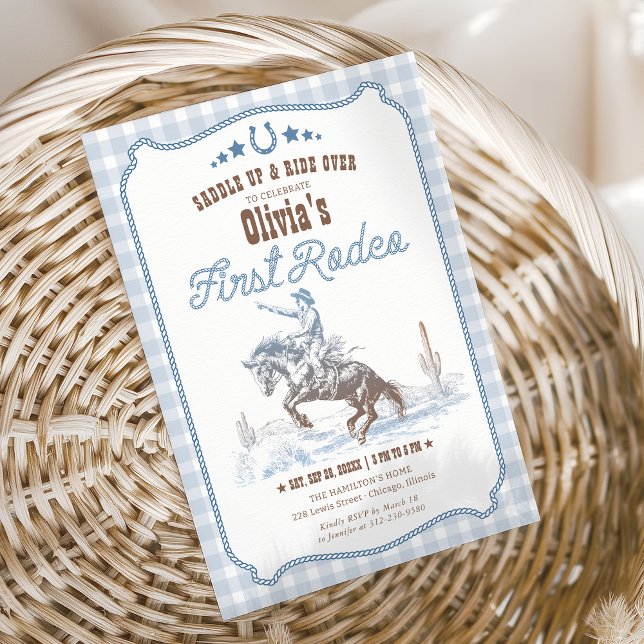 First Rodeo 1st Birthday Blue Western Invitation (Creator Uploaded)