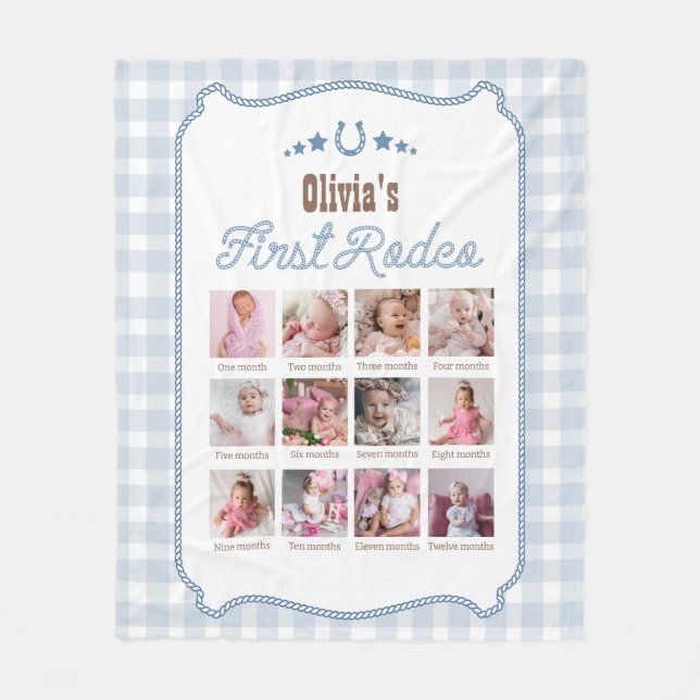 First Rodeo 1st Birthday Blue Western Photo Sign Fleece Blanket (Front)