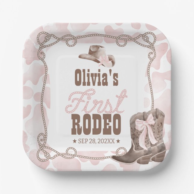 First Rodeo 1st Birthday Dusty Pink Paper Plate (Front)
