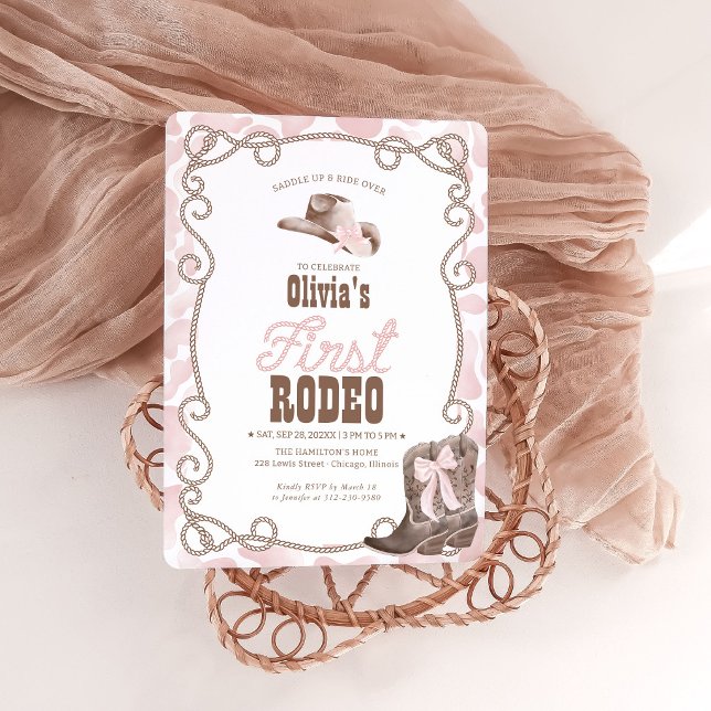 First Rodeo 1st Birthday Girl Dusty Pink Cow Print Invitation (Creator Uploaded)