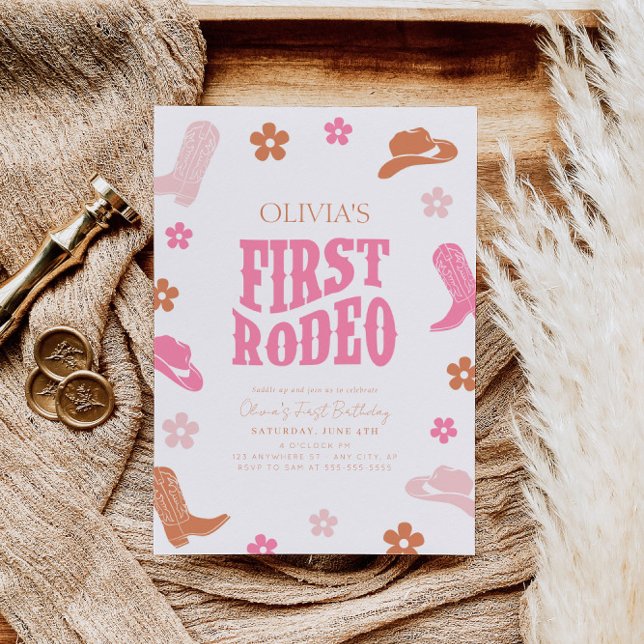 First Rodeo 1st Birthday Invitation Retro Cowgirl  (Creator Uploaded)