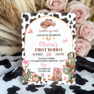 First Rodeo Bows Pink Cowgirl Birthday Invitation