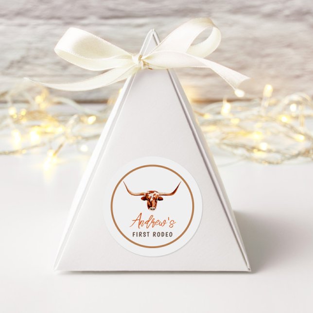 First Rodeo Cow Southern Cowboy Birthday Classic Round Sticker (Creator Uploaded)