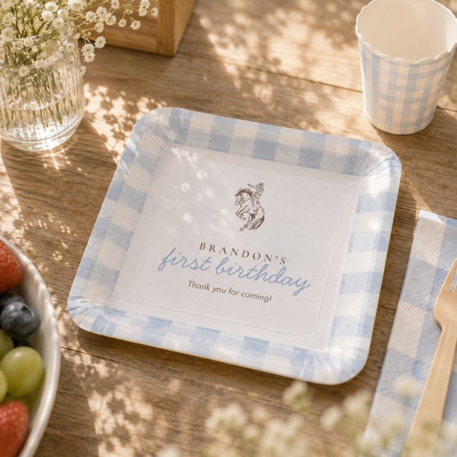 First Rodeo Cowboy Birthday Blue Gingham  Paper Plate (Creator Uploaded)