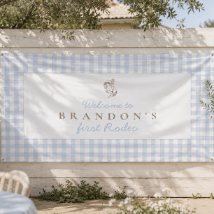 First Rodeo Cowboy Birthday Blue Gingham Preppy  Banner