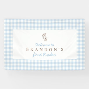 First Rodeo Cowboy Birthday Blue Gingham Preppy Banner
