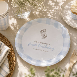 First Rodeo Cowboy Birthday Blue Gingham Preppy  Paper Plate