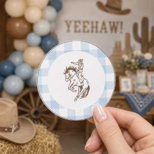 First Rodeo Cowboy Blue Gingham Preppy  Classic Round Sticker