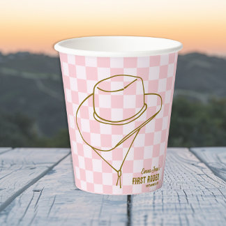 First Rodeo Cowboy Hat Pink Checkered 1st Birthday Paper Cups