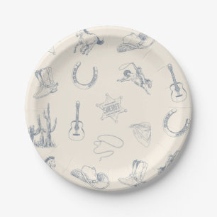 First Rodeo Cowboy Western Birthday Blue Neutral Paper Plate