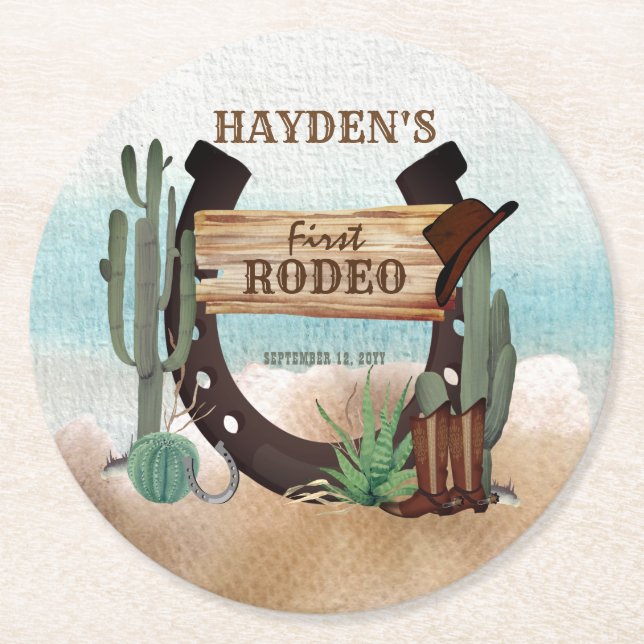 First Rodeo Cowboy Western Boy 1st Birthday Party Round Paper Coaster (Front)
