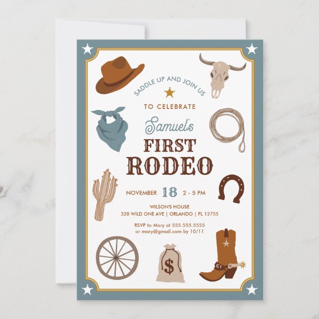 First Rodeo Cowboy Wild West Boy First Birthday Invitation (Front)