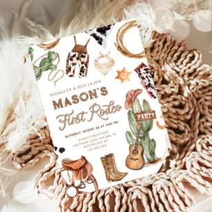 First Rodeo Cowboy Wild West Western Boy Birthday Invitation