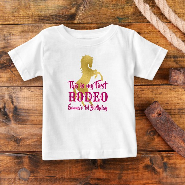 First rodeo cowgirl pink and gold personalised baby T-Shirt (Creator Uploaded)