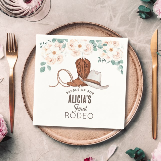 First Rodeo Cowgirl Western Floral 1st Birthday Napkin (Creator Uploaded)
