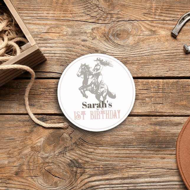 First Rodeo Cowgirl Western Pink 1st Birthday Classic Round Sticker (Creator Uploaded)