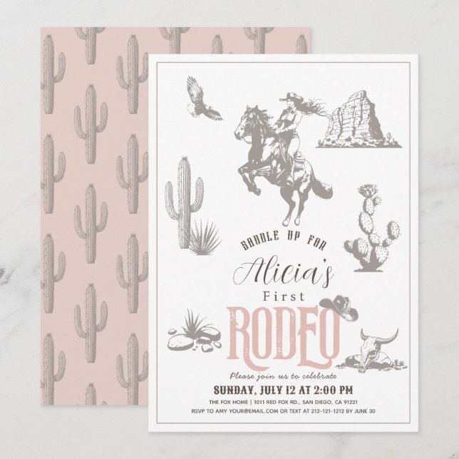 First Rodeo Cowgirl Western Pink 1st Birthday Invitation (Front/Back)