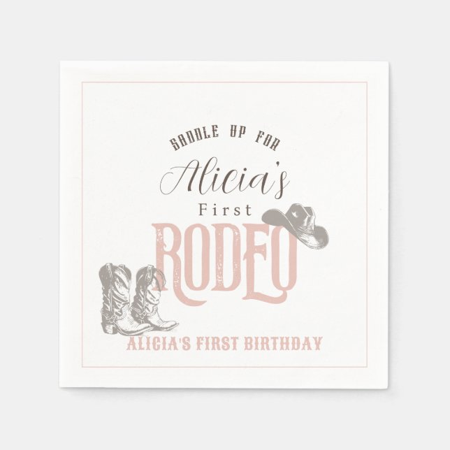 First Rodeo Cowgirl Western Pink 1st Birthday Napkin (Front)