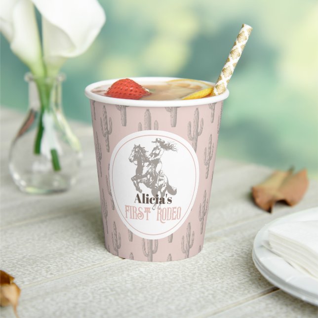 First Rodeo Cowgirl Western Pink 1st Birthday Paper Cups (Insitu)