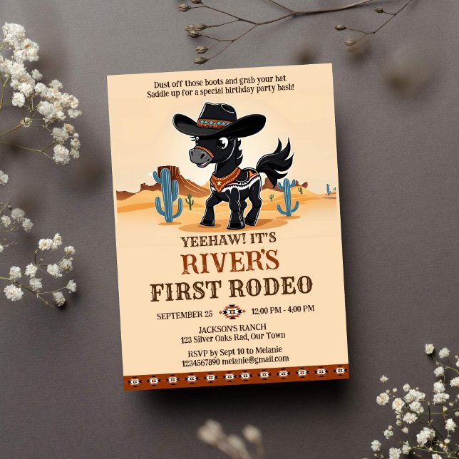 First Rodeo cute cowboy baby horse birthday party Invitation (First rodeo cowboy western birthday party template invitation instant download cute black horse )