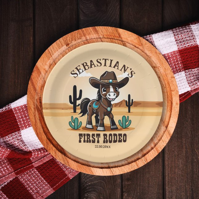 First Rodeo cute cowboy horse birthday party Paper Plate (First rodeo western birthday party tableware personalized plates cute cowboy baby horse Arizona)