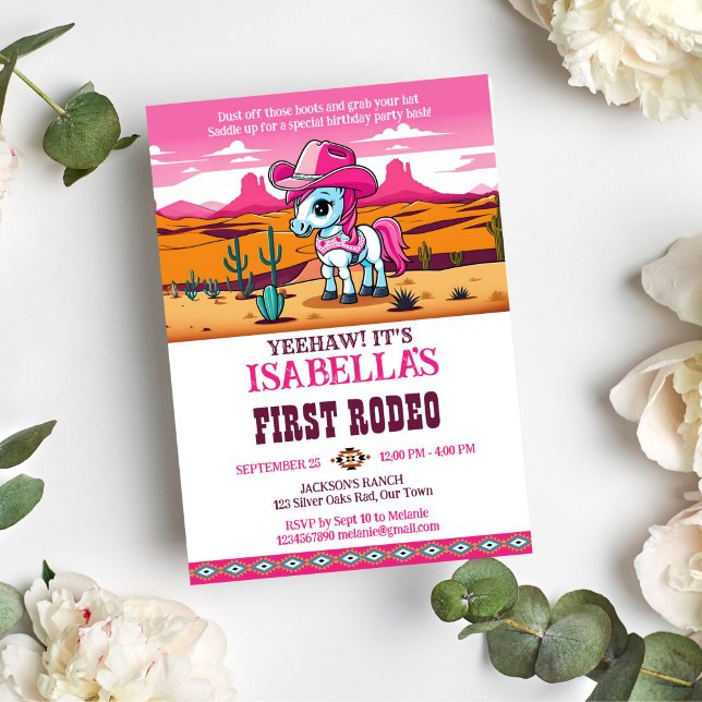 First Rodeo cute cowgirl baby horse birthday party Invitation (First rodeo pink cowgirl baby horse birthday party template invitation digital download wild west)